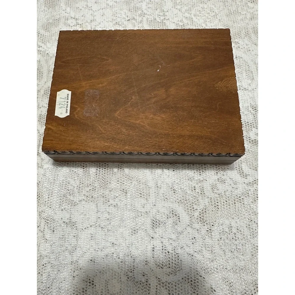 Vintage Wooden Keepsake‎ Box Carved Playing Card Suits Organizer Hinged Lid